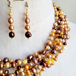Gold and brown baroque freshwater pearl multi strand statement beaded necklace and earring set, freshwater pearl cluster necklace