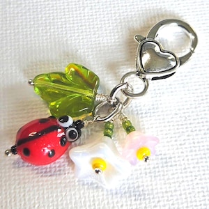 Ladybug Lampwork Beaded Purse Charm: Czech Glass Flower, Leaf