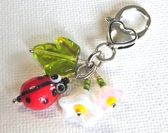 Ladybug Lampwork Beaded Purse Charm: Czech Glass Flower, Leaf