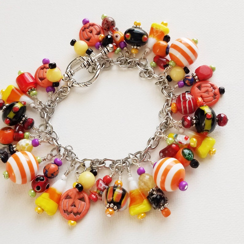 Halloween lamp work beads fall charm bracelet Cha Cha pumpkin Halloween beaded charm bracelet chunky pumpkin charm bracelet