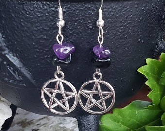 Silver Pentagram Earrings w/ Amethyst & Obsidian | Handmade Jewelry | Occult Witch Goth | Lightweight Dangle Earrings | Genuine Crystals