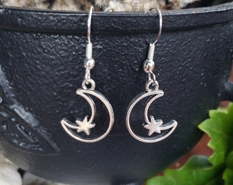 Silver Moon & Star Earrings | Handmade Jewelry | Occult Witch Goth Jewelry | Lightweight Dangle Earrings | Celestial