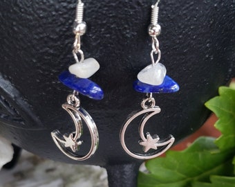 Silver Moon & Star Earrings w/ Moonstone and Lapis Lazuli | Handmade Jewelry | Occult Witch Goth | Lightweight Dangle | Genuine Crystals