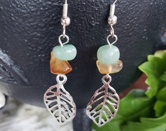 Silver Leaf Earrings w/ Aventurine & Carnelian Beads | Handmade Jewelry | Occult Witch Goth | Lightweight Dangle Earrings | Genuine Crystals