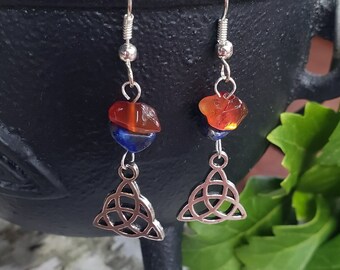 Silver Triquetra Earrings w/ Carnelian & Lapis Lazuli Beads | Handmade Jewelry | Occult Witch Goth | Lightweight Dangle | Genuine Crystals