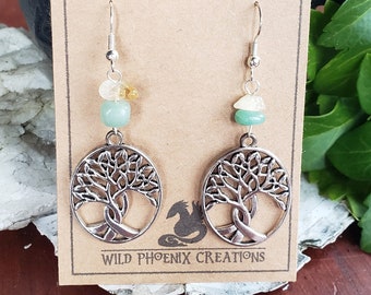 Tree of Life Earrings w/ Citrine & Aventurine Beads | Handmade Silver Jewelry | Occult Witch Goth | Lightweight Dangle | Genuine Crystals