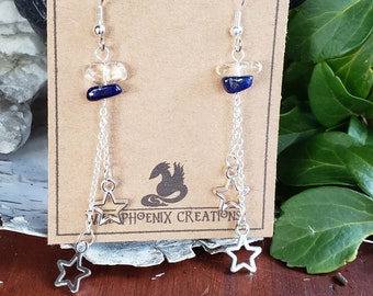 Dangling Stars Earrings w/ Citrine and Lapis Lazuli | Handmade Silver Jewelry | Occult Witch Goth | Lightweight Earrings | Genuine Crystals