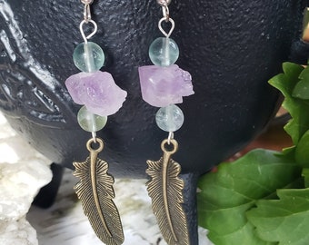 Bronze Feather Earrings with Fluorite and Amethyst Crystals | Handmade Jewelry | Occult Witch Goth | Dangle Earrings | Genuine Crystals