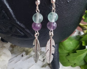 Silver Feather Earrings with Rainbow Fluorite Beads | Handmade Jewelry | Occult Witch Goth | Lightweight Dangle Earrings | Genuine Crystals