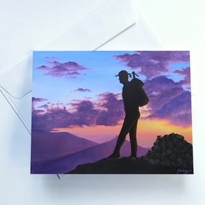 Sunset Summit | Art Print Greeting Card | Blank Inside | Handmade | Acrylic Painting | Hiker Climber | Just Because Card | Gift | 4x6 inch