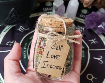 Self Love Incense Herbs | Confidence Emotional Healing | Glass Jar or Bag Refill | Ritual Spell | Apothecary | Witchcraft | Spiritual Curio