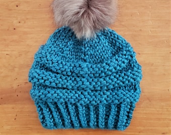 Faux Fur Pom Pom Beanie Hat | Blue Wool Blend | Hand Knit Winter Apparel | Unisex Adult Men Women Teen | Handmade Accessory | Ready to Ship