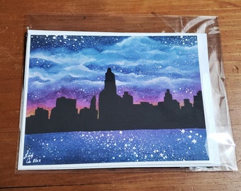 Art Print Greeting Card | Handmade | Silhouette Cityscape | Night Sky | Just Because Card | Blank Inside | Watercolor Painting | 4x6in