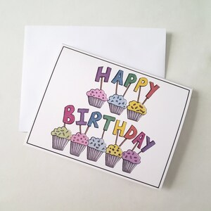 Happy Birthday Card | Art Print Greeting Card | Cupcakes & Candles | Birthday Cake | Blank Inside | Handmade | Watercolor Painting | 4x6in