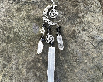 Crystal Suncatcher | Protection Ward Against Negativity | Car Charm | Witchy Décor | Selenite | Obsidian | Real Crystals for Purification