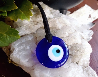 Evil Eye Necklace | Glass Pendant on Black Suede Leather Cord | Handmade Jewelry | Protection from Curses and Evil | Occult Witchy Gothic