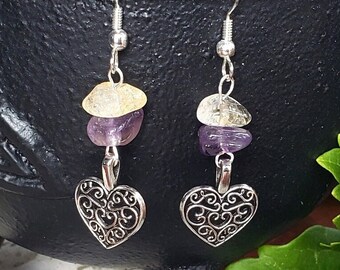Silver Heart Earrings w/ Citrine & Amethyst Beads | Handmade Jewelry | Occult Witch Goth | Lightweight Dangle Earrings | Genuine Crystals