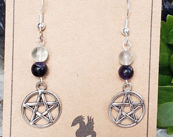 Silver Pentagram Earrings w/ Rainbow Fluorite Beads | Handmade Jewelry | Occult Witch Goth | Lightweight Dangle Earrings | Genuine Crystals