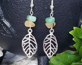 Silver Leaf Earrings w/ Citrine & Aventurine Beads | Handmade Jewelry | Occult Witch Goth | Lightweight Dangle Earrings | Genuine Crystals