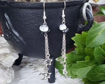 Dangling Stars Earrings with Moonstone and Obsidian | Handmade Silver Jewelry | Occult Witch Goth | Lightweight Earrings | Genuine Crystals