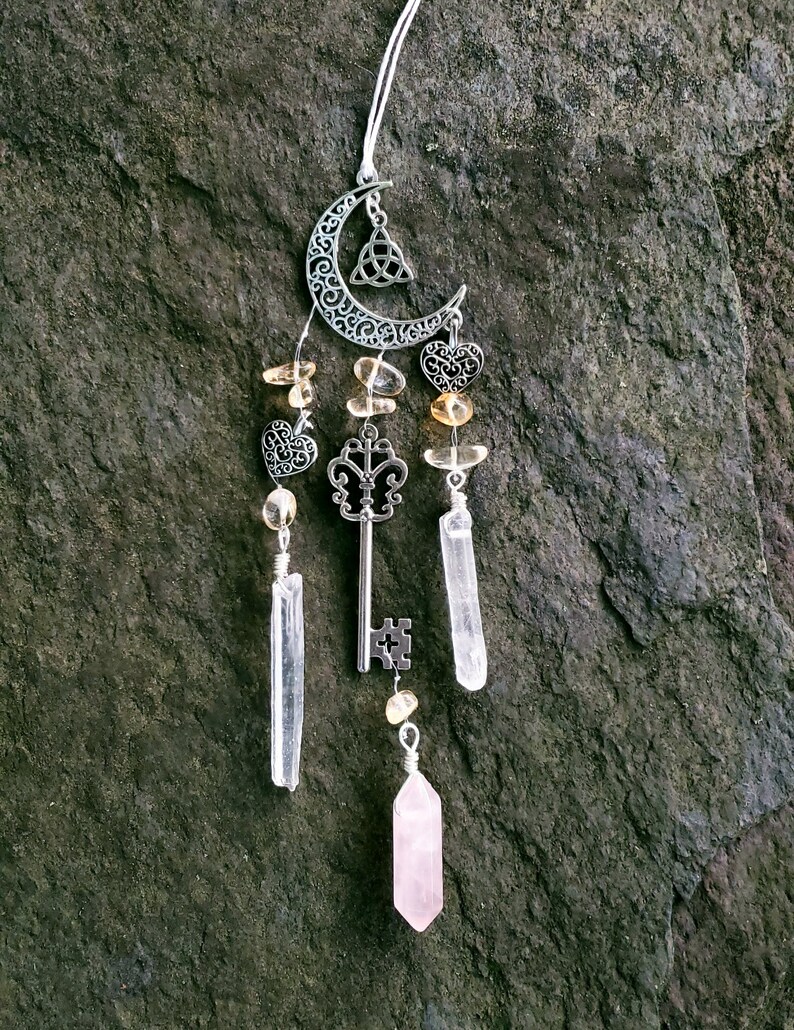 Crystal Suncatcher Self Love Inner Peace Happiness Car Charm Talisman Witchy Décor Rose Quartz Citrine Real Crystals image 1