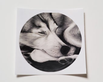 Husky Dog Art Print Sticker | Pencil Drawing | Sleeping Wolf | Animal Pet Art | 3x3 inch Glossy Circular Sticker | Circle Decal | Stationary