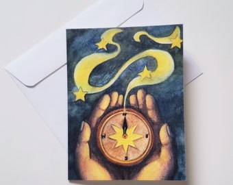 Art Print Greeting Card | Handmade | Fantasy Art | Compass to the Stars | Just Because Card | Blank Inside | Watercolor Painting | 4x6in