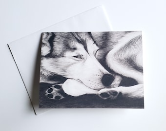 Sleeping Husky Greeting Card | Art Print | Wolf Dog Animal Drawing | Blank Card | Just Because Card | Pencil Drawing | 4x6in | Stationery