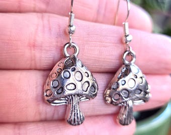 Silver Mushroom Earrings: Whimsical Witchy Jewelry, Lightweight Dangle Earring