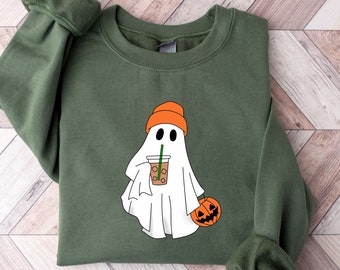 Camicia fantasma di caffè di Halloween, camicia per amante del caffè, camicia di caffè ghiacciato, girocollo di Halloween fantasma carino, felpa fantasma spettrale