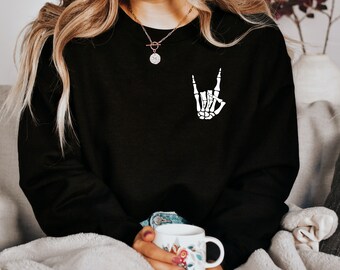Rock on Skeleton Hand Shirt, Skeleton Hand Sweatshirt, Halloween Skeleton Sweatshirt, Skeleton Rock Shirt, Halloween Pocket Tee