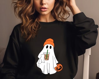 Girocollo di Halloween fantasma carino, camicia amante del caffè, camicia fantasma di caffè di Halloween, camicia di caffè ghiacciato, felpa fantasma spettrale