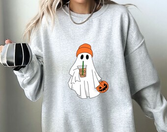 Camicia per amante del caffè, camicia fantasma di caffè di Halloween, camicia di caffè ghiacciato, girocollo di Halloween fantasma carino, felpa fantasma spettrale