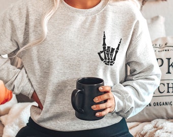 Rock auf Skeleton Hand Shirt, Skeleton Hand Sweatshirt, Halloween Skeleton Sweatshirt, Skeleton Rock Shirt, Halloween Pocket Tee