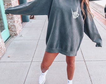 Comfort Colors Sweatshirt, Halloween Skeleton Hand Sweatshirt, Skeleton Tshirt, Skull Tee Halloween Gift, Rock on Skeleton Hand Shirt