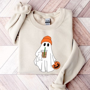 Halloween Cute Spooky Ghost Coffee Lover Sweatshirt, Spooky Season Shirt, Fall Graphic Halloween Boo Crewneck, Spooky Vibes Sweatshirt 16