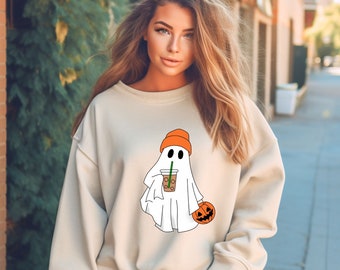 Camicia fantasma di caffè di Halloween, camicia per amante del caffè, camicia di caffè ghiacciato, girocollo di Halloween fantasma carino, felpa fantasma spettrale