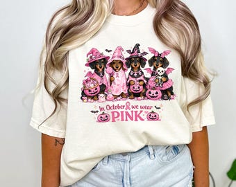 Dachshund Ghost Halloween Tee, Breast Cancer Awareness in October We Wear Pink Shirt, Dog Halloween Shirt, Dachshund Gifts