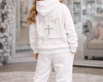 Spersonalizowana bluza z zamkiem błyskawicznym dla dziewczynki z okazji Pierwszej Komunii Świętej, strój do przygotowań, dresowy komplet do biegania, bluza z kapturem dla dziewczynki sypiącej kwiaty.