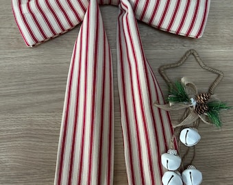 Decorative shabby chic Christmas Red stripey fabric bow  (small, medium or large sizes)