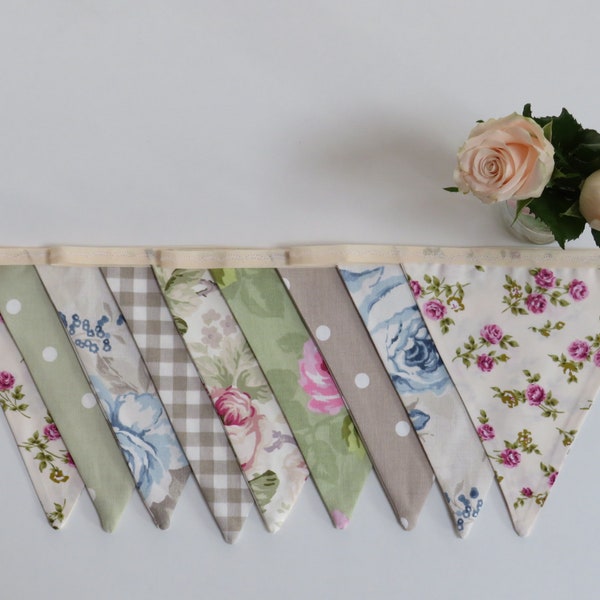 New Farmhouse vintage floral shabby chic double sided fabric bunting