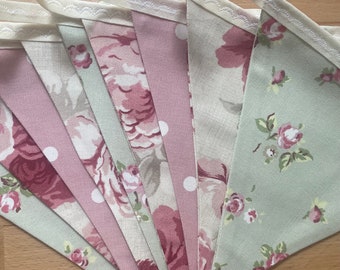 Shabby chic pink/green fabric country bunting