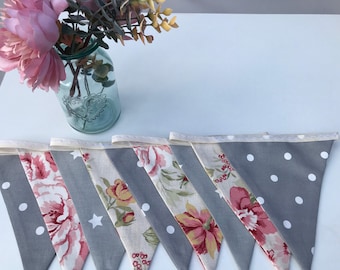 Grey contemporary floral vintage spotty star shabby chic double sided fabric bunting