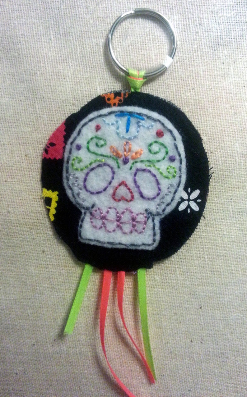 Embroidered Felt Sugar Skull Keychain Etsy