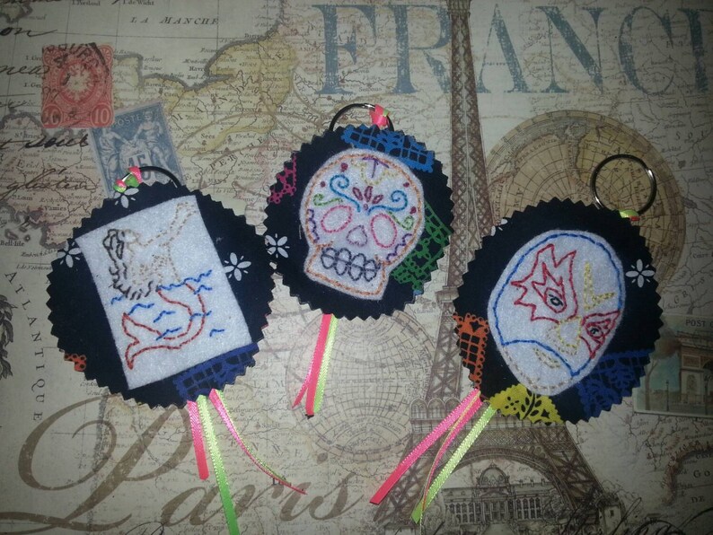 Embroidered Felt Sugar Skull Keychain Etsy