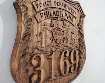 3D V CARVED - Personalized Philadelphia Pennsylvania Police Badge V Carved Wood Sign