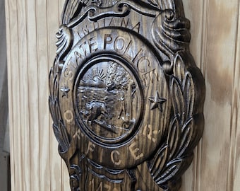 Personalized Indiana State Police Badge Wood Sign - V Carved