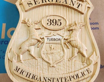 NEW Improved Design!!! - 3D V CARVED - Personalized Michigan State Trooper Police Badge V Carved Wood Sign
