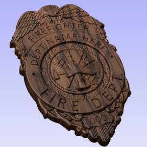 May include: A wooden firefighter badge with an eagle design, the words "Firefighter Dept Name Here Fire Dept" and the number "000".