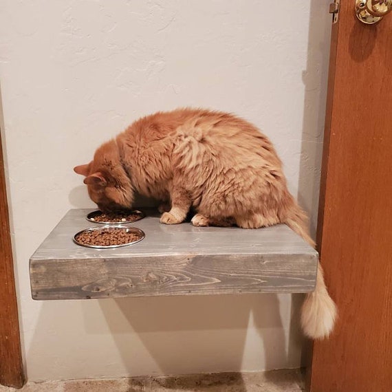 Combo Padded Cat Shelf Perch Sherpa Plush Fabric Double Cat Bowl Feeder Waterer Hand Made Crafted Wood Wall Mounted Cat Bed Feeder Platform